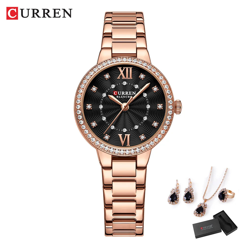 CURREN Luxury Watch Women Ring Necklace Earrings Rhinestone Fashion Wristwatch Female Casual Ladies Watches Bracelet 5PCS Set
