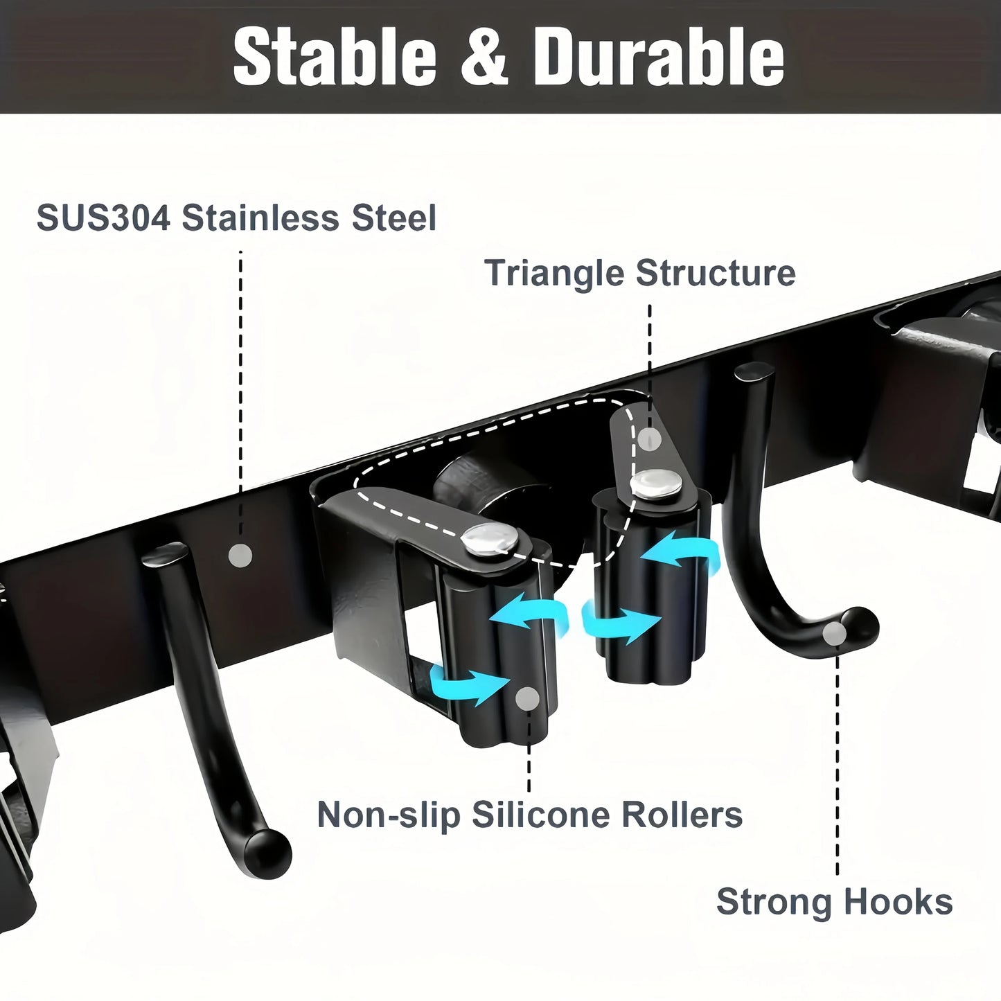 1 Heavy-Duty Metal Tool Rack with 4 Slots and 5 Hooks - Wall-Mounted Storage for Garden Tools, Brooms, Mops, and Garage Equipment, Tool Rack Storage, Black