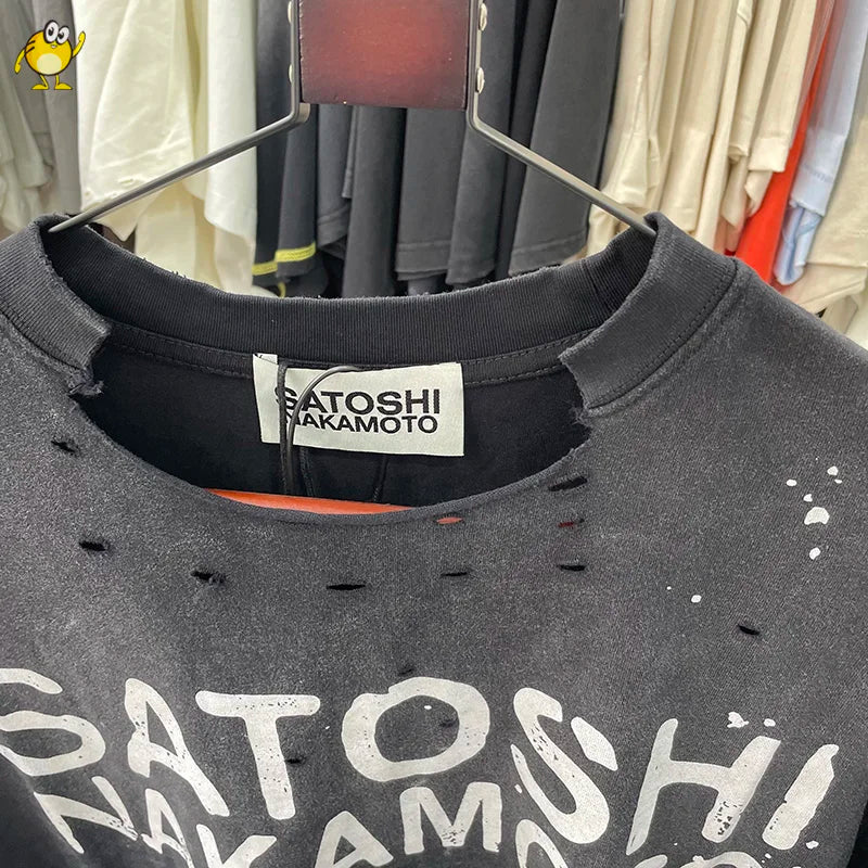 New Satoshi Nakamoto T Shirt Men Woman Fashion Crewneck Washed Damaged Hole Old Graffiti Top Tee Print Short Sleeve Streetwear