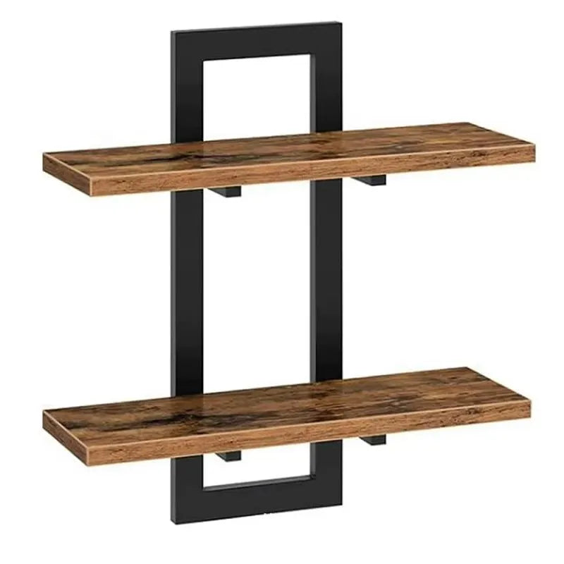 2 Tier Rustic Wood Floating Shelves With Sturdy Metal Frame Wall Shelf Organizer Rack For Living Room Bedroom Kitchen Bathroom