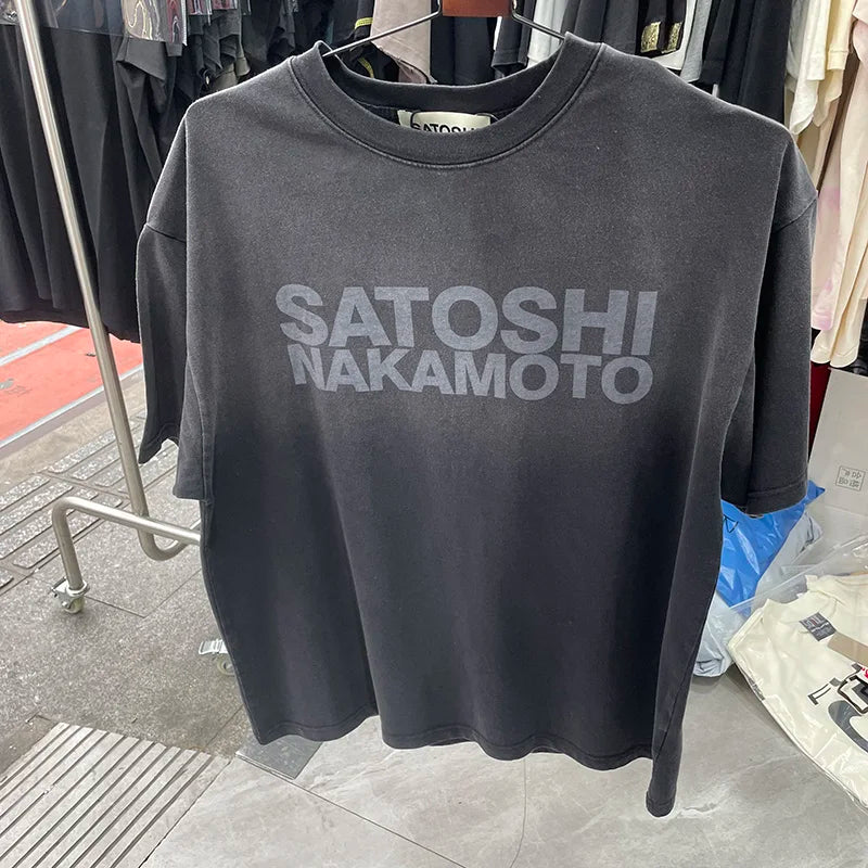 New Satoshi Nakamoto T Shirt Men Woman Fashion Crewneck Washed Damaged Hole Old Graffiti Top Tee Print Short Sleeve Streetwear