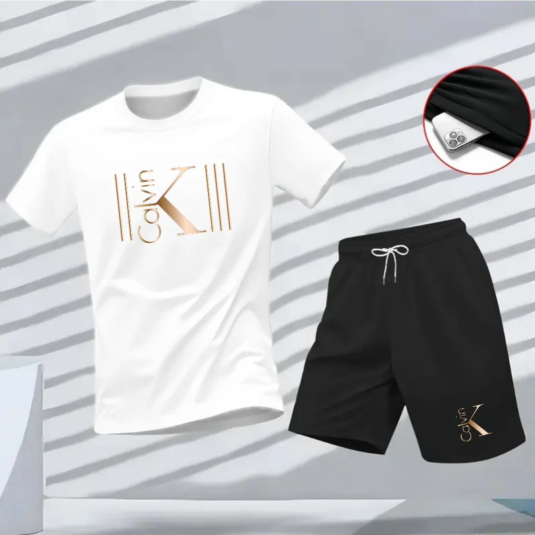 2025 Men's Breathable Sports Pattern Printed T-Shirt Casual Fashion Short-Sleeved T-Shirt Summer Streetwear Top Two-Piece Set