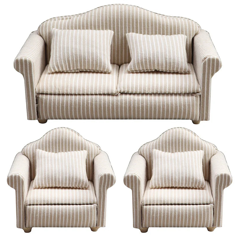 1: 12 Mini Furniture Sofa DIY Decoration Doll House Mini Furniture Living Room Furniture White Beige Sofa with Pillows