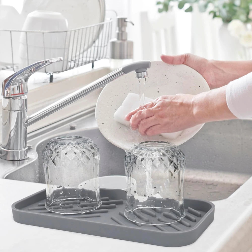 Silicone Faucet Mat Kitchen Sink Splash Drying Pad with Drain Soap Dispenser Sponge Storage Tray